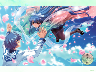 Blue haired couple flying cherry - petal free wallpaper