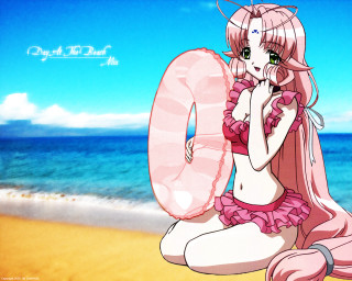 Pink bikini girl beach blue - a pink bikini free wallpaper