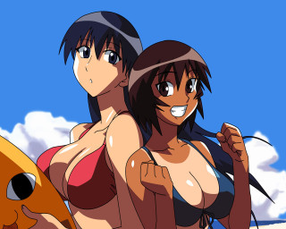 Two anime girls beach bikini - a sky background behind them free wallpaper
