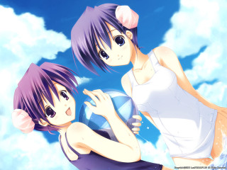 Anime girls holding beachball sky - a white top free wallpaper