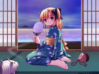 Girl kimono fan mirror ocean - a view of the ocean free wallpaper