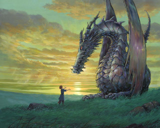 Dragon man hill sunset fantasy - a painting of a dragon free wallpaper