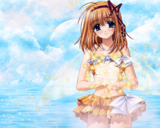 Girl bouquet anime beach night - a girl in a dress holding free wallpaper