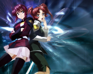 Anime girls blue background hologram - two anime girl free wallpaper