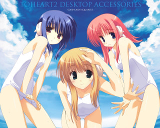 Three anime girls bathing suits 2 - the sky in the background free wallpaper