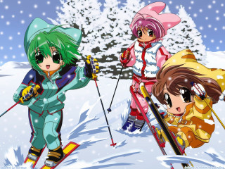 Skiing anime girls snow trees - naive art free wallpaper