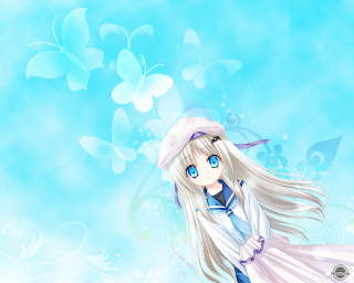 White haired girl blue background - her head free wallpaper for desktop