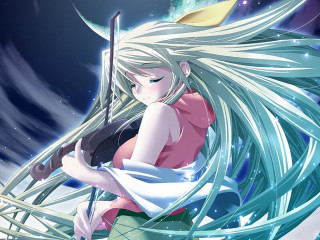 White haired woman sword moon - her hand and a moon in the background free wallpaper
