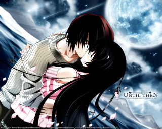 Full moon kissing couple anime - a couple kissing in front free wallpaper