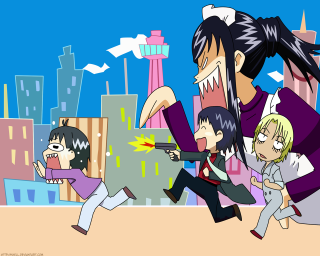 Cartoon group people guns city - skyscraper free wallpaper