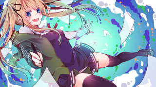 Blonde girl dancing blue background - autodestructive art free wallpaper