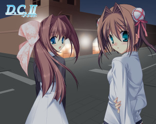 Two anime girls night street - a building in the background free wallpaper