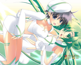 Anime hugging girls green background - a picture free wallpaper