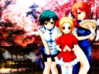 Three anime girls cherry blossoms - pink flower free wallpaper