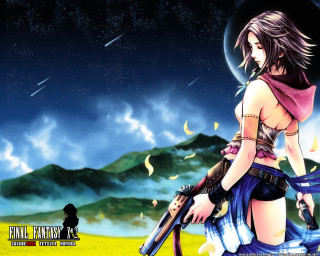 Woman gun field mountains stars - a short skirt holding free wallpaper