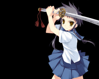 Girl sword anime blue braid - a short skirt holding free wallpaper