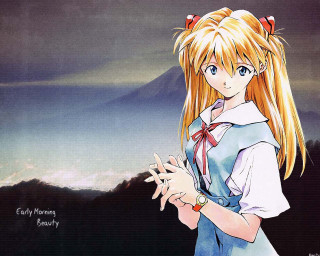Blonde girl blue dress mountain - serial art free wallpaper