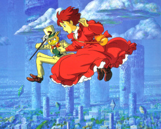 Flying cartoon heroine cityscape magic - a yellow suit free wallpaper