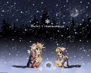 Anime snowman fullmoon aurora deer - full free wallpaper for desktop