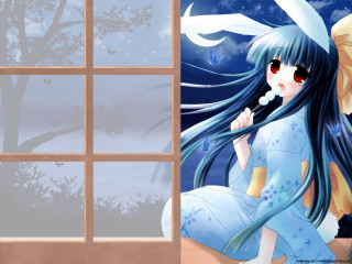 Girl blue dress snowy window - outside free wallpaper