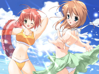 Anime girls beach bikinis ocean - a life preserver free wallpaper