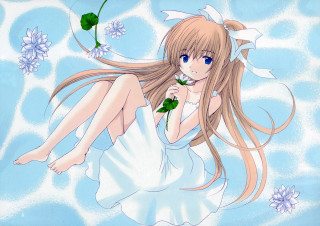 Girl longhair flower bed blue - long hair and a flower free wallpaper