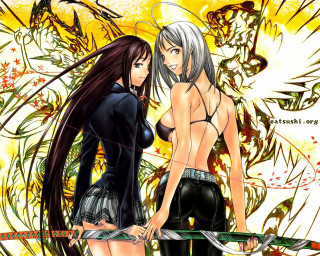 Anime girls swords demon yellow - a yellow background behind them free wallpaper