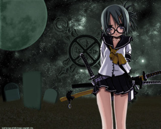 Girl sword space starry moon - anime style free wallpaper