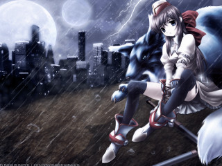 Anime girl rainy cityscape moon - full free wallpaper for desktop