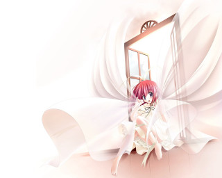 Woman redhair weddingdress anime veil - a white curtain behind her free wallpaper