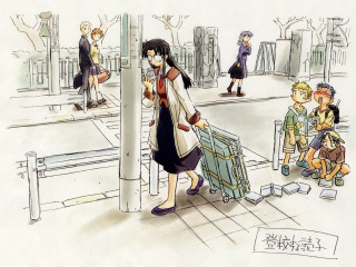 Woman street suitcase man children - a street free wallpaper