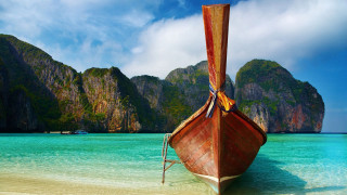 Boat beach mountain ocean bridge - a matte painting free wallpaper