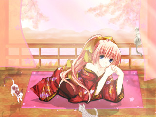 Pink rug girl cats birds - a pink rug free wallpaper