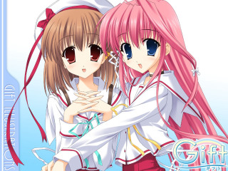 Pink hair anime girls hug - their head free wallpaper