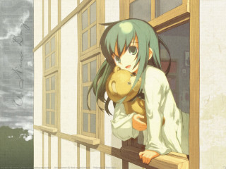 Girl teddy bear balcony green - a cloudy sky in the background free wallpaper