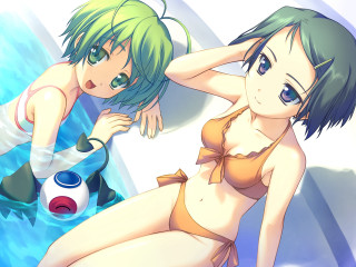 Anime girls beach bikini pool - a ball free wallpaper