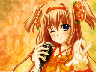 Girl microphone orange dress peace - sōsaku hanga free wallpaper