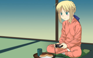 Sitting girl with remote and - video game free wallpaper