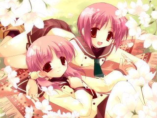 Anime girls flower field pink - their back free wallpaper