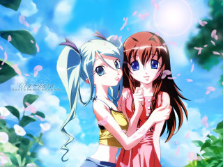 Anime girls hug blue sky - neoromanticism free wallpaper