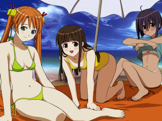 Three anime girls beach umbrella - a blue sky in the background free wallpaper for desktop