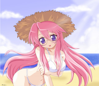 Pink hair girl beach straw - the ocean in the background free wallpaper