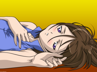 Woman blush blue shirt brown - half body free wallpaper