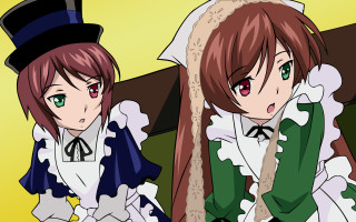 Anime girls hat brown green - their head free wallpaper