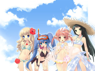 Beach girls bikinis hats blue - a blue sky free wallpaper