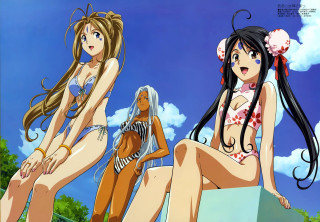 Three anime girls bikinis outdoor - a bikini free wallpaper