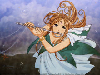 Girl longhair flute green dress - long hair holding free wallpaper