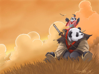 Panda sword field clouds anime - a storybook illustration free wallpaper for desktop