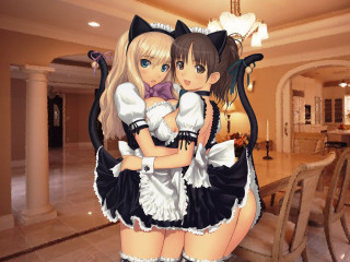 Anime girls hug room chandelier - rendered free wallpaper