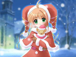 Girl red coat teddy bear - a castle in the background free wallpaper